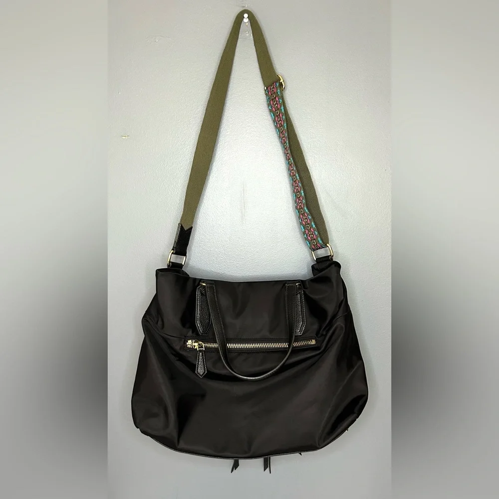 Aimee Kestenberg Nylon Leather Crossbody Tote Bag Satchel Purse XL Black‎ Boho